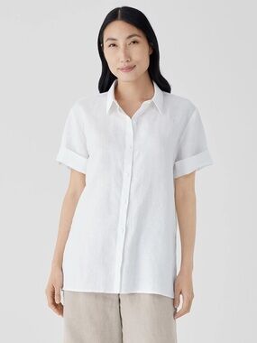 Eileen Fisher Organic Linen Classic Collar Short-Sleeve Shirt White 2X Button Up